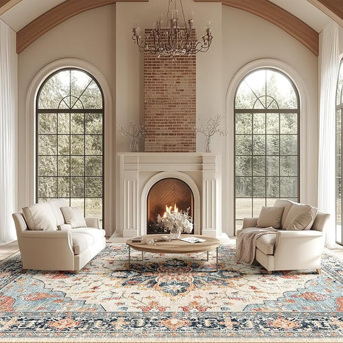 Area Rugs 10'x14' Washable Non-Slip, Floral Vintage Distress Print Pattern by RELEANY