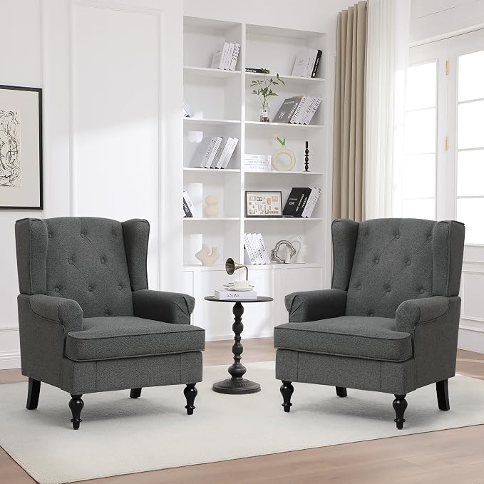 Accent Chair Set of 2, Mid Century Modern Fabric Wingback Chair, Upholstered by choairy