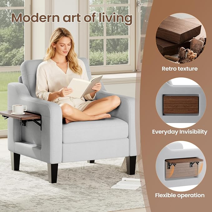 Accent Chair for Living Room Modern Linen Upholstered Armchair Side Wooden - Image 3