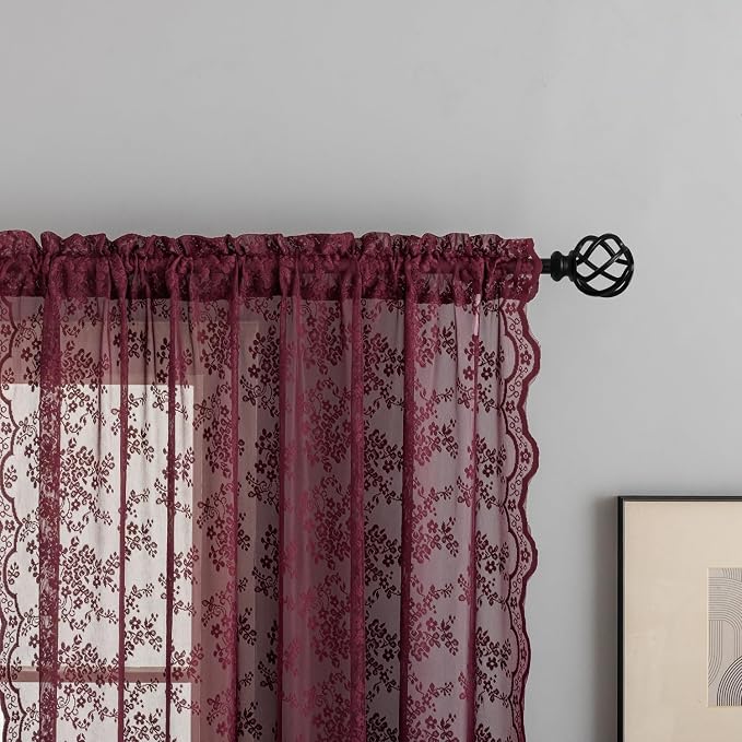 YJ YANJUN Vintage Lace Curtains 96 Inches Long-Victorian Floral Burgundy Xmas - Image 3