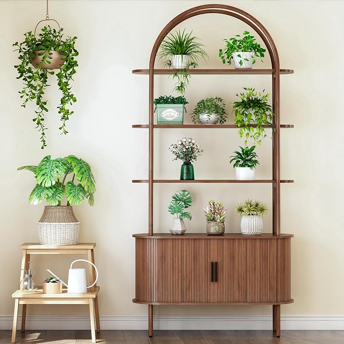 79" Tall Arched Bookshelf with Sliding Tambour Doors, Mid Century Modern Curved - Image 4