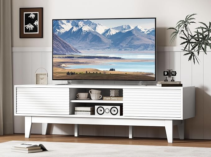 Fluted TV Stand for 55 65 Inch TV, Mid Century Modern Entertainment Center by Xixini