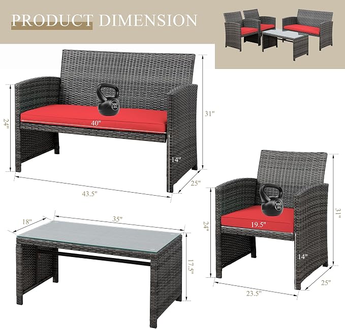 JAMFLY 4 Piece Outdoor Patio Furniture Set, Outdoor Wicker Rattan Chairs - Image 2