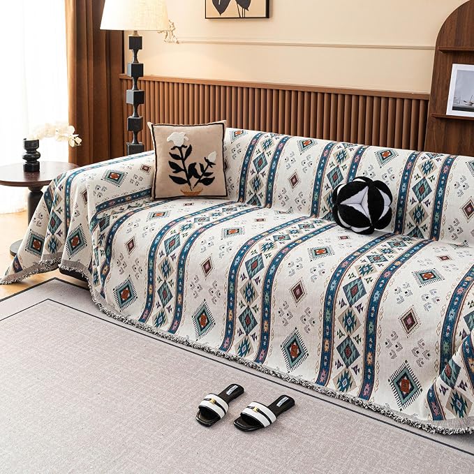 VClife Bohemian Couch Cover, Vintage Moroccan Tribal Geometric Chenille Couch by VCLIFE