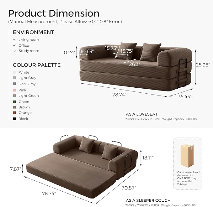 79" Convertible Sofa Bed with Fixed-Shape Frame & Removable Armrests, Modular - Image 3
