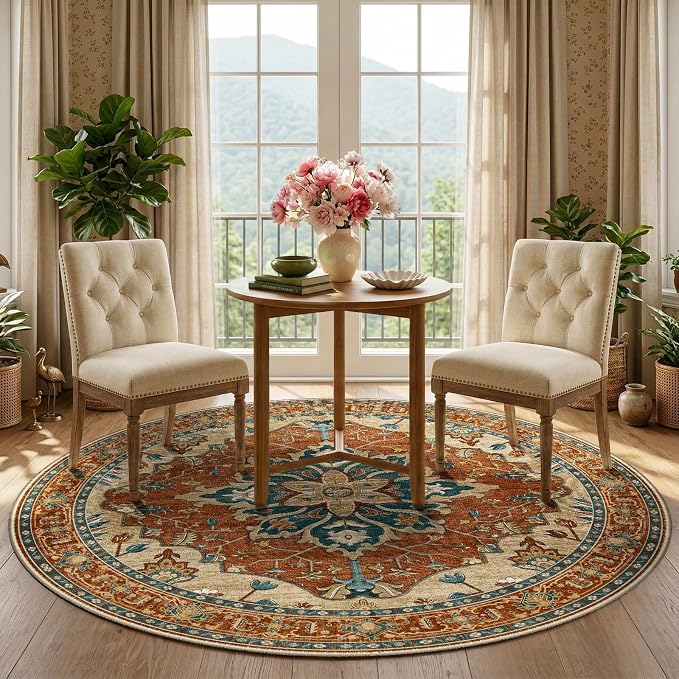 RELEANY Area Rugs Round 5ft Washable Non-Slip, Floral Vintage Distress Print - Image 2