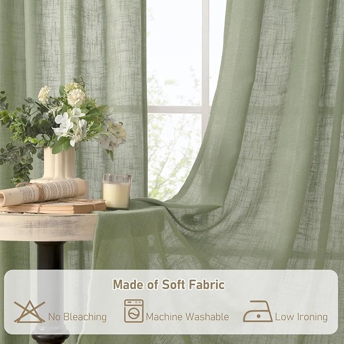 LAMIT Sage Green Linen Curtains 30 Inch Length, Semi Sheer Light Filtering - Image 8