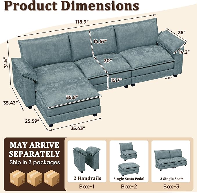 JUMMICO 118.9" Modular Sectional Cloud Couch 3-Seat Sofa Set - Image 2
