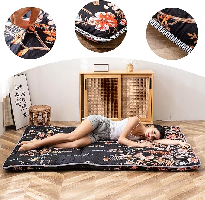 MAXYOYO Black Floral Japanese Futon Floor Mattress, Mattress Topper Portable - Image 4