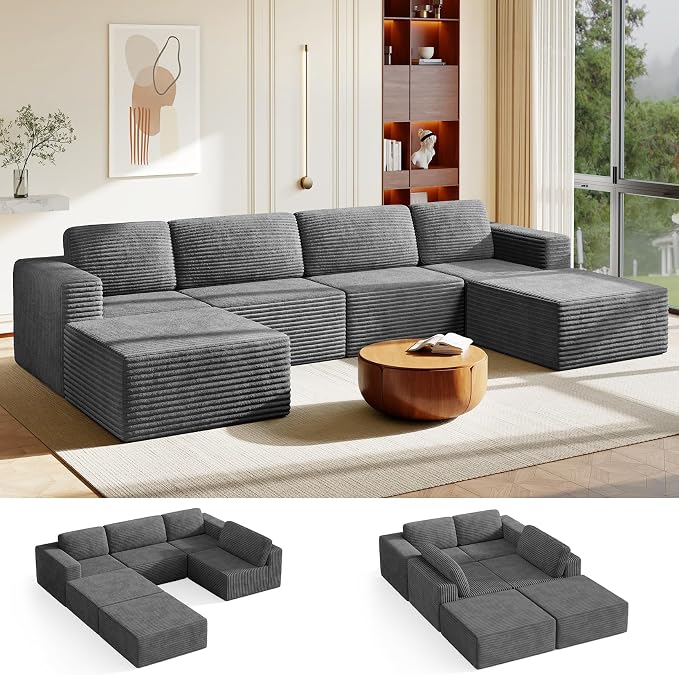 Vesgantti 159" Large Modular Sectional Sofa, U-Shaped Corduroy Cloud Couch by Vesgantti