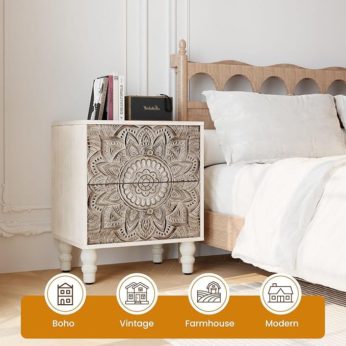 HOMPUS White Nightstand with 2 Drawers, Lotus Flower Carved Wood Bedside Table - Image 8