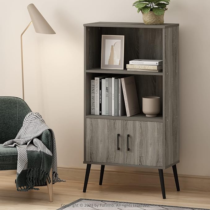 Furinno Claude Mid Century Style Accent Wooden Leg Bookcase Cabinet - Image 2