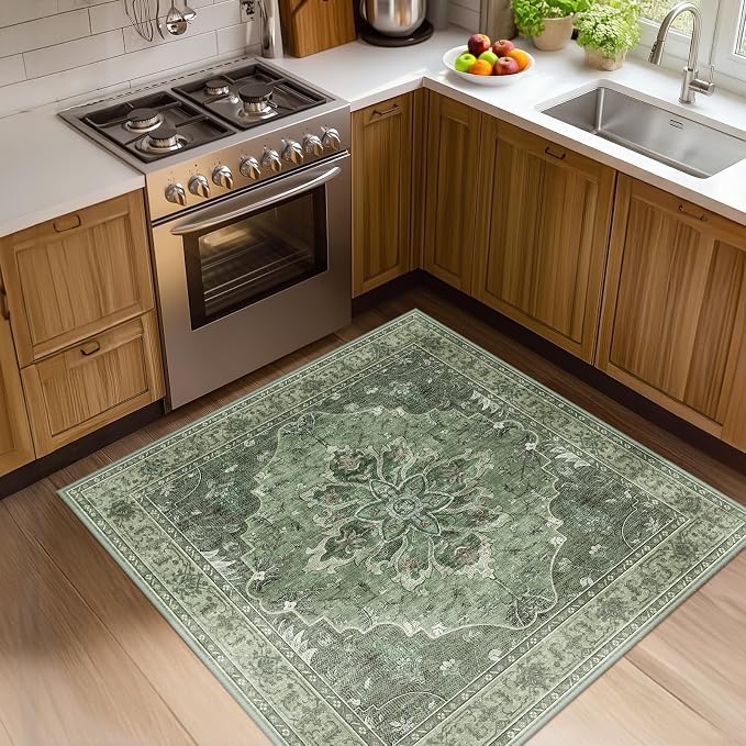 RELEANY Area Rugs Square 4ft Washable Non-Slip, Floral Vintage Distress Print by RELEANY