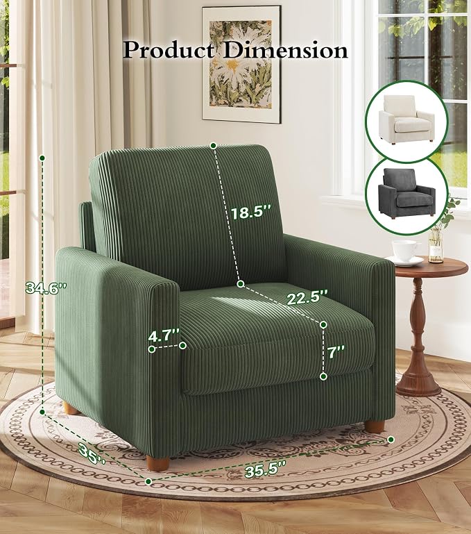 Kidirect 35.5in Corduroy Sofa Accent Chair, Tool-Free Setup Living Room Couch - Image 2
