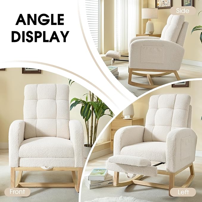 NIOIIKIT Modern Nursery Rocking Chair, Teddy Upholstered Rocking Chair - Image 8