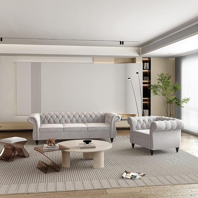 Chesterfield 3 Seater Sofa, Modern Velvet Tufted Couch 3 Seater - Image 6