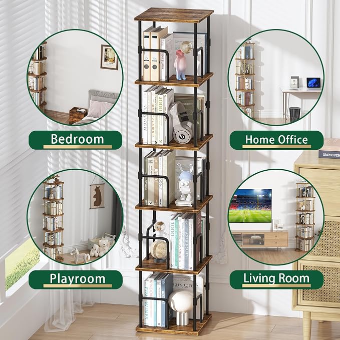 5-Tier Rotating Bookshelf, Freestanding Corner Bookshelf, 360° Spinning - Image 5