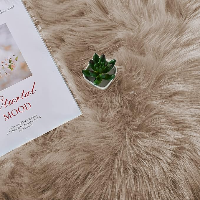 Latepis Shag Area Rug 6.7x10 Light Brown Beige Washable Faux Fur Fuzzy Rugs - Image 6