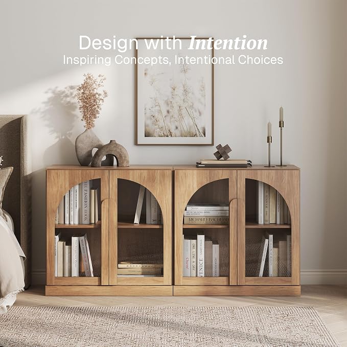BELLEZE 2 Tier Bookshelf with Arched Glass Door - Image 4