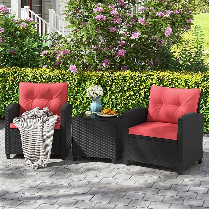 HAPPYGRILL 3 Pieces Wicker Patio Conversation Set, PE Rattan Bistro Sofa Set - Image 2