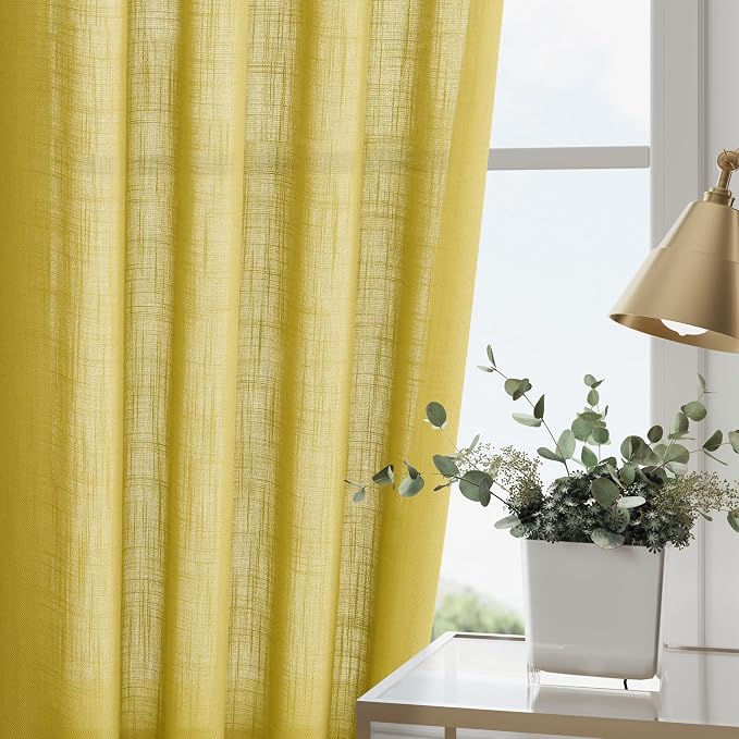 Nanspring Celery Yellow Linen Curtains 90 Inches Long 2 Panel Set Back Tab Rod - Image 4