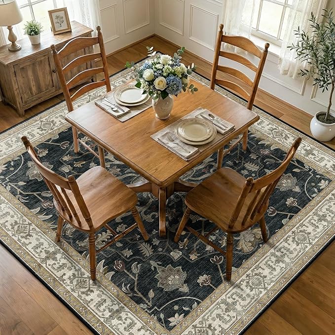 RELEANY Area Rugs Square 7ft Washable Non-Slip, Floral Vintage Distress Print by RELEANY