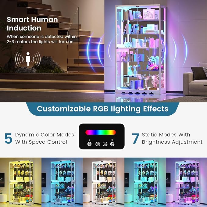 Large Display Cabinet with Glass Doors, 8-Tier RGB Curio Cabinet with Smart - Image 3