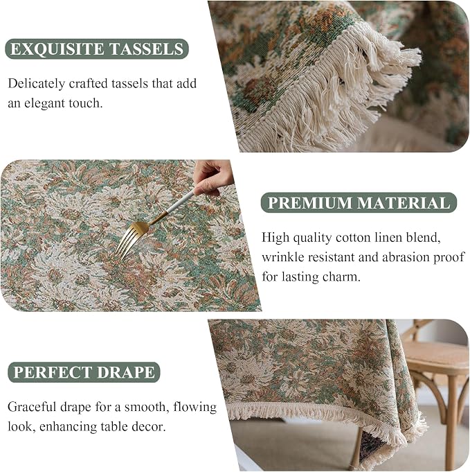 VClife Aesthetic Green and Beige Floral Table Cloth, Linen Texture Table Cloth - Image 5