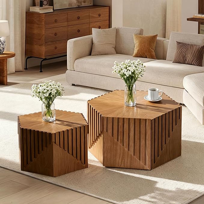 Hexagonal Nesting Coffee Table Set of 2, Wooden Fluted Coffee Table by Vulacko