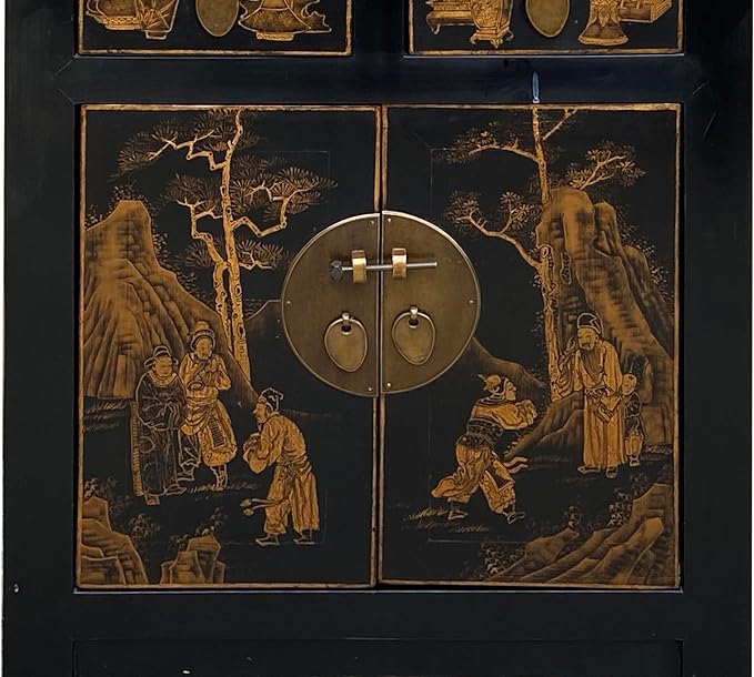 Vintage Oriental Distressed People Golden Graphic Black Side Table Cabinet - Image 7
