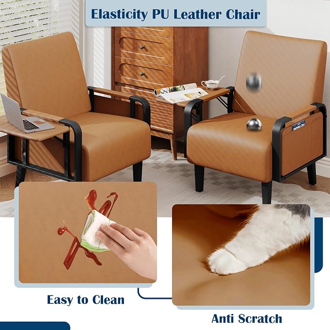 Andeworld Modern Brown Accent Chair, PU Leather Upholstered Armchair Side Chair - Image 5