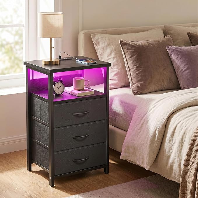 Fixwal Night Stand with 3 Fabric Storage Drawers, LED Nightstand with Charging - Image 2