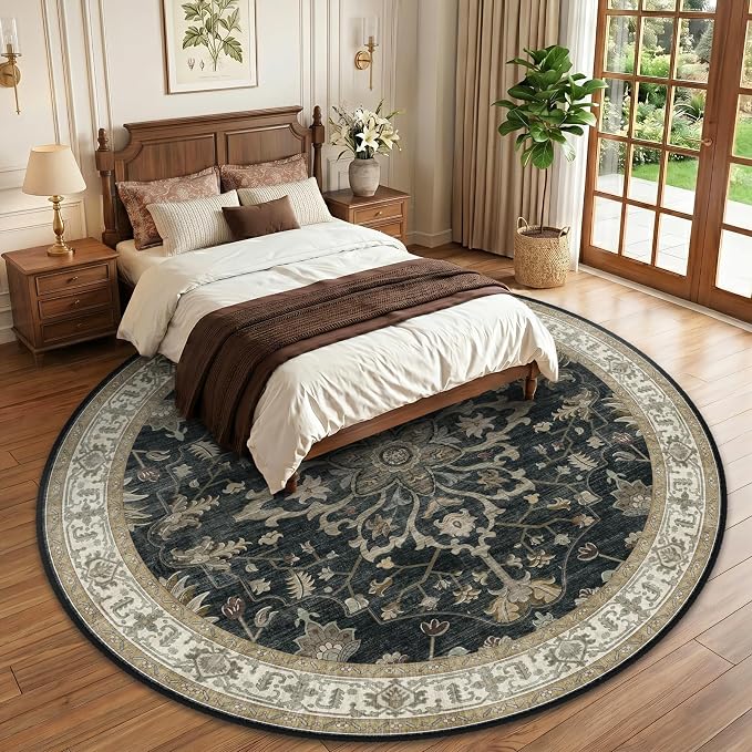 RELEANY Area Rugs Round 10ft Washable Non-Slip, Floral Vintage Distress Print - Image 2