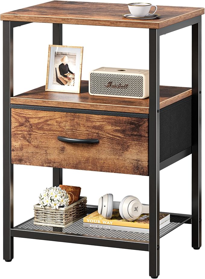 Huuger Night Stand with Fabric Drawer, Side Table with Mesh Shelf, Bedroom by Huuger