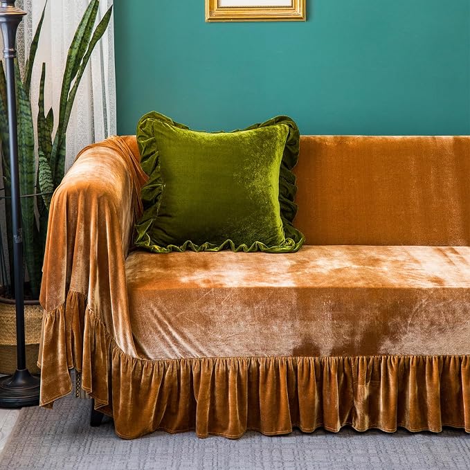 Velvet Sofa Cover Soft Decorative Luxurious Solid Exquisite Ruffle Trim - Image 2