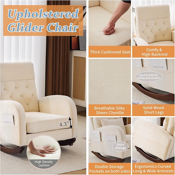 VINGLI Chenille Low Seat Rocking Chair, Upholstered Nursery Glider Chair - Image 4