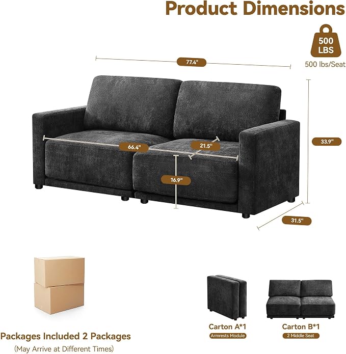 77.4" Chenille Modular Loveseat Oversized Upholstered 2 Seater Sectional Sofa - Image 2