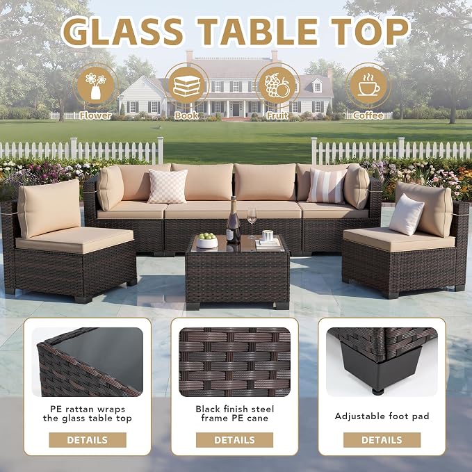 LEVELEVE 7 Pieces Outdoor Patio Furniture Sets, Rattan Conversation Sectional - Image 4