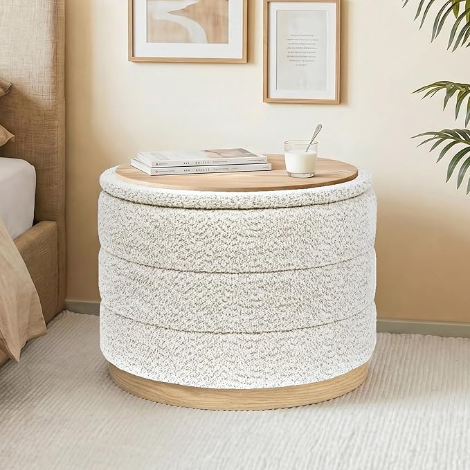 Round Storage Ottoman with Tray Lid, Folding Chenille Fabric Footrest with - Image 2