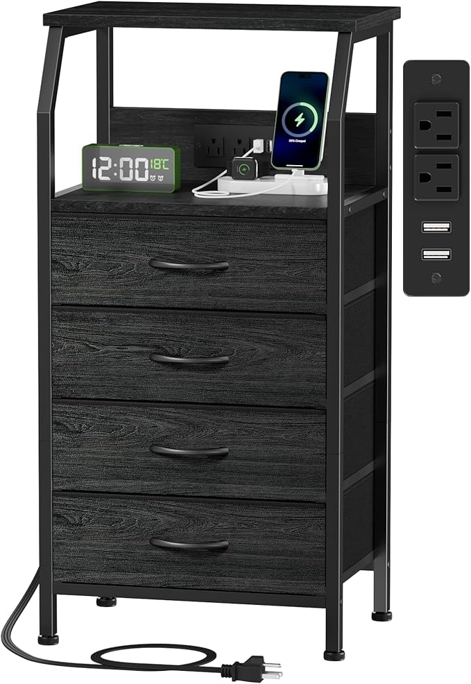 Furnulem Night Stand with Charging Station, 4 Drawer Dresser with Storage Shelf by Furnulem