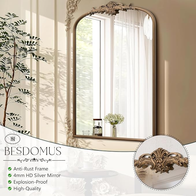Besdomus Antique Gold Arched Mirror: 24"x36" French Large Arch Gold Vintage - Image 7