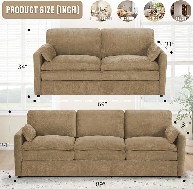 Comfy Chenille Sofa Set with Well-Filled Pillows, Modern 3 Seater and Loveseat - Image 2