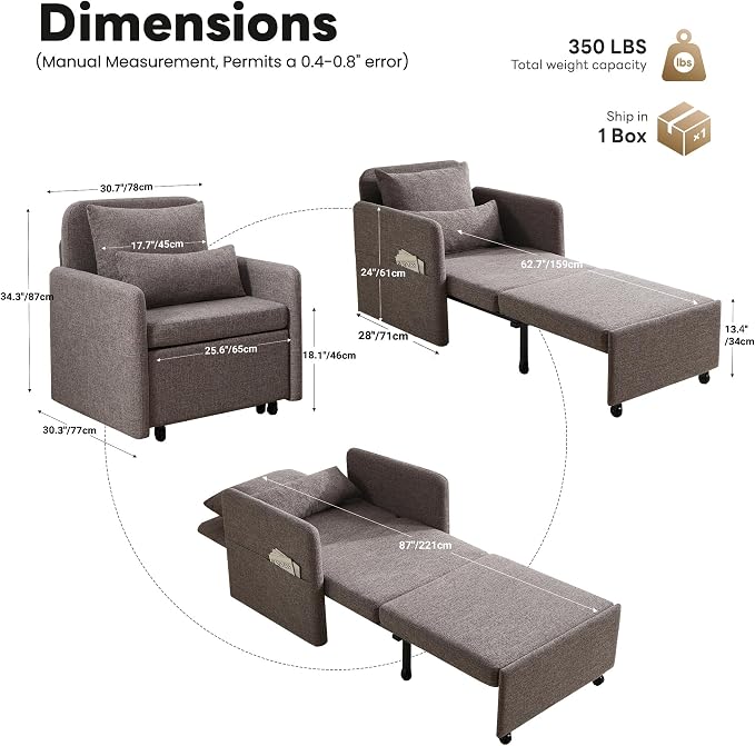 Iroomy 5-Level Adjustable Convertible Sleeper Chair, 3-in-1 Pull Out Sofa Bed - Image 3