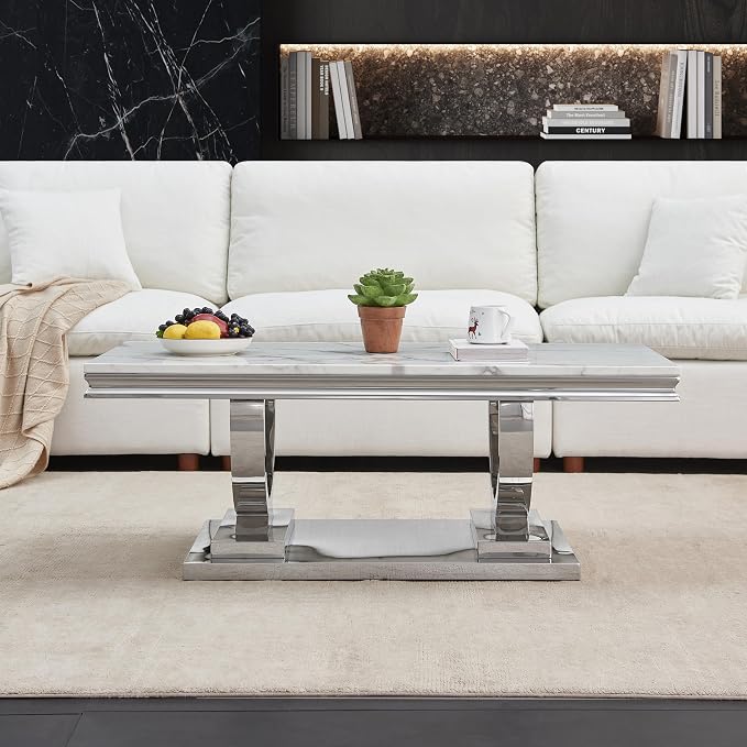 Henf 47" Marble Coffee Table Modern White Faux Marble Center Table - Image 4