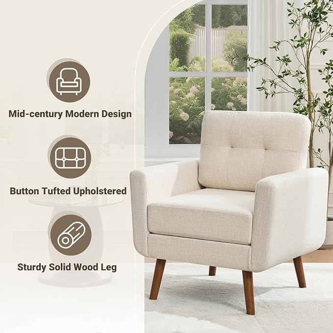 Tbfit Linen Fabric Single Sofa, Accent Chair, Mid Century Modern Armchair - Image 3