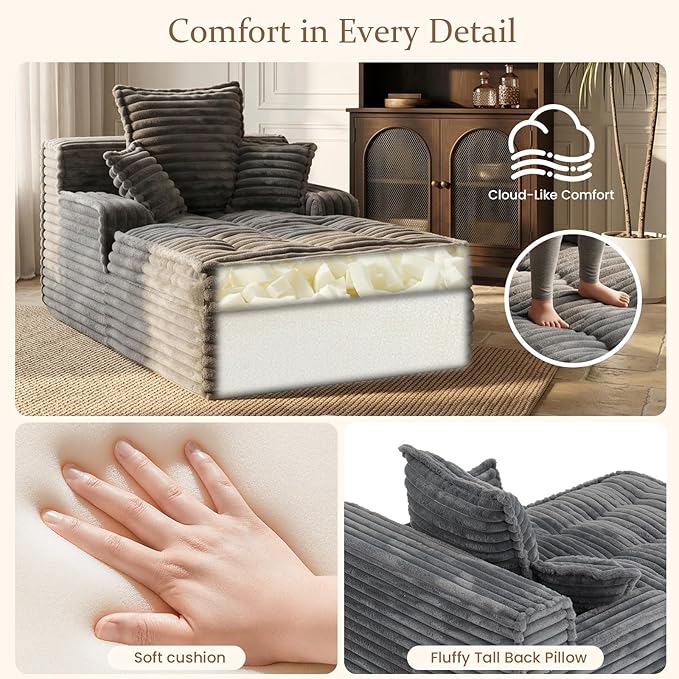 Boneless Chaise Lounge Couch Indoor, Small Corduroy Upholstered Sleeper Sofa - Image 4