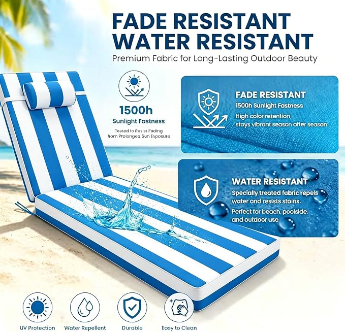 Chaise Lounge Cushion for Outdoor Furniture, Waterproof, Fade-Resistant and - Image 3