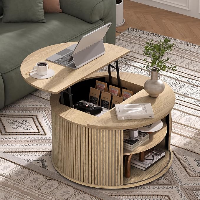 JOINICE 31.5" Round Lift Top Coffee Table, Natural Oak Modern Fluted Drum - Image 8