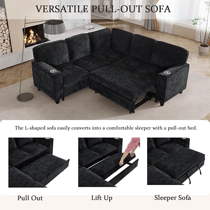 L-Shaped Sectional Couch with Storage and Pull Out Bed, Convertible Sofa Bed - Image 6