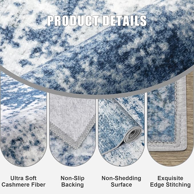 2'x5'Runner Rug Washable Rug: Modern Abstract Soft Thin Runner Rug Blue - Image 6